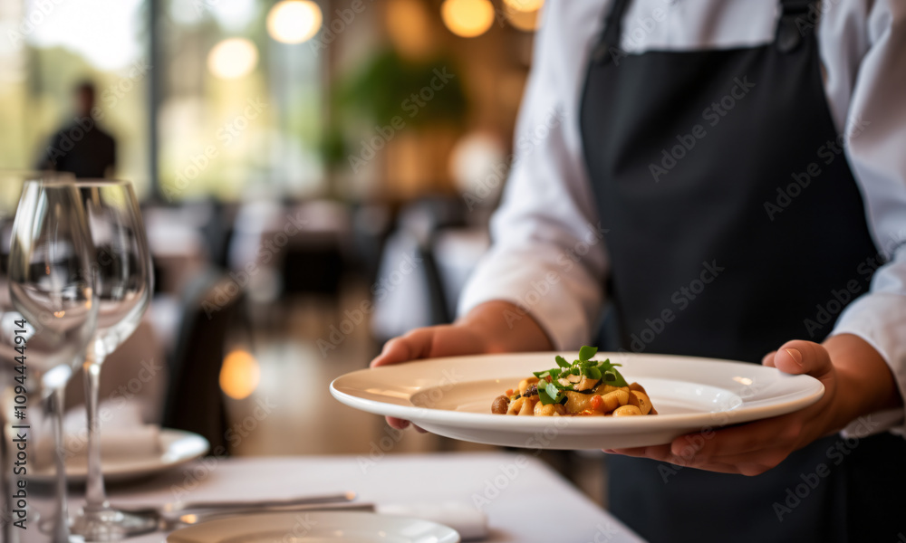 a server learning plate presentation from a trainer and a blurred restaurant dining area in the background a server learning plate presentation from a trainer and a blurred restaurant dining area in the background