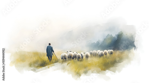 The shepherds visit Soft, misty scene with shepherds and flock visiting the holy birthplace Digital painting cute soft watercolor painting on white backgorund with copy space jesus, pray, photo