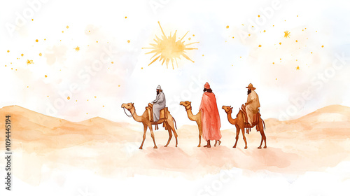 The Three Wise Men Magi with camels in the desert, digital watercolor painting cute soft watercolor painting on white backgorund with copy space jesus, pray, spirituality, hope, passion, spiritual, photo