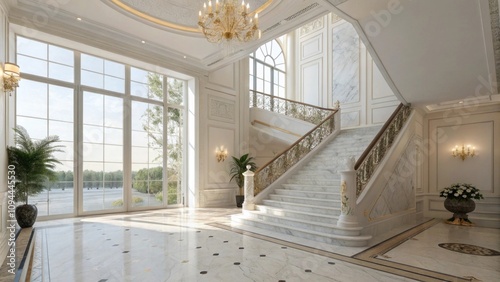 Elegant marble staircase in a luxurious foyer