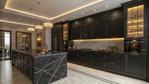Elegant modern kitchen with black cabinetry and marble accents