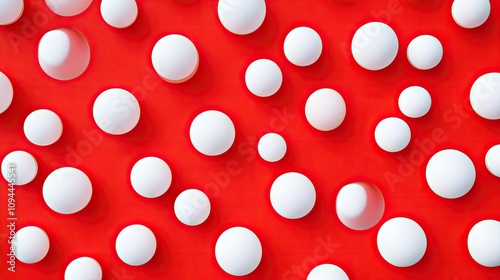 A vibrant arrangement of white spheres on a bold red background, creating a dynamic and playful visual effect.