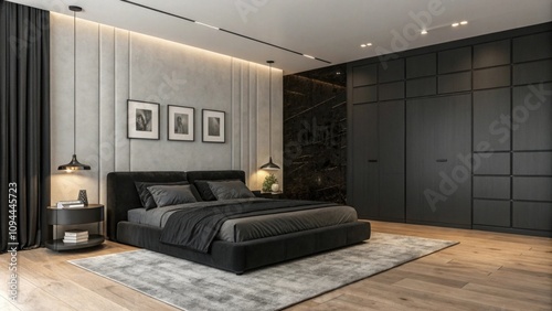 Modern minimalist bedroom with dark tones and sleek design