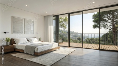 Modern minimalist bedroom with scenic balcony view