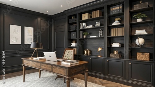 Elegant modern office with dark wood accents and bookshelves