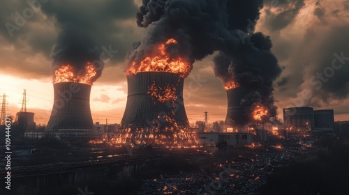 Dramatic scene of burning cooling towers at a decommissioned power plant. photo