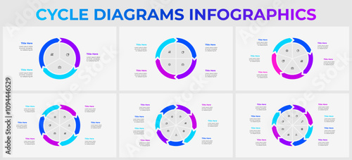 Set of infographic cycle diagrams with 3, 4, 5, 6, 7 and 8 options, steps or processes. Round pie diagrams with arrows