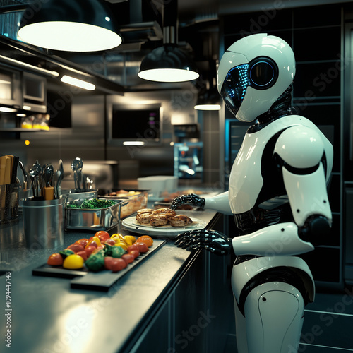 A shiny white humanoid android preparing ingredients in a bright domestic kitchen to do some cooking. Concept of a robot performing duties at home.