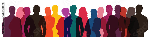 Multi-colored transparent silhouettes of men and women, multiply mode, a group of standing business people. Diverse people group silhouette. Flat vector illustration isolated on background.