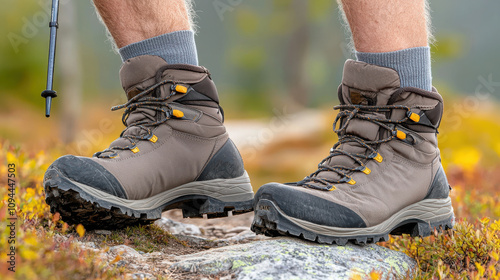 Wellness health and Natural remedies Concept, Stylish hiking boots on a rocky trail, surrounded by colorful autumn foliage, showcasing outdoor adventure gear.