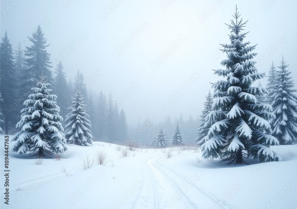 Snow-covered landscape with evergreen trees in a tranquil winter scene Snow-covered landscape with evergreen trees in a tranquil winter scene