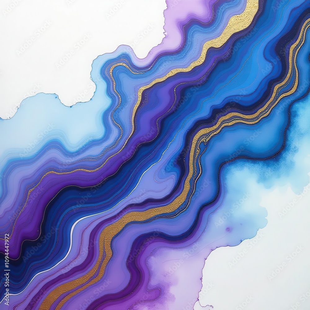 Colorful fluid art, where paints flow and mix, creating marbled patterns in tones of blue, purple, and gold Colorful fluid art, where paints flow and mix, creating marbled patterns in tones of blue, purple, and gold
