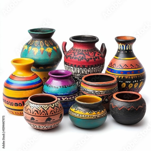 Hand-painted pottery, vibrant colors, diverse shapes.