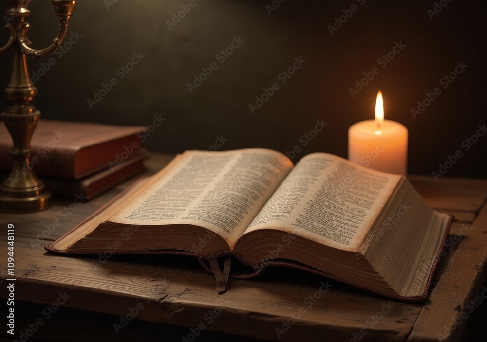 Open book resting on a wooden table beside a glowing candle in a dimly lit room Open book resting on a wooden table beside a glowing candle in a dimly lit room