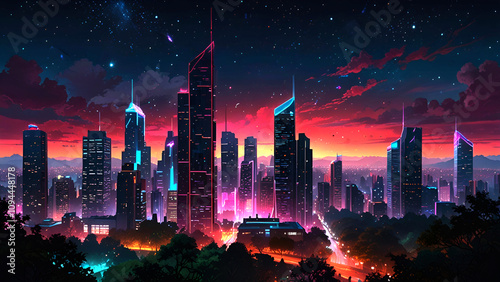 Nighttime city skyline with skyscrapers and lights 