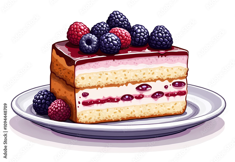 Illustration of a slice of forest berries cake on a white plate, on transparent background. The cake features a glossy berry glaze topped with fresh blackberries and raspberries. Illustration of a slice of forest berries cake on a white plate, on transparent background. The cake features a glossy berry glaze topped with fresh blackberries and raspberries.