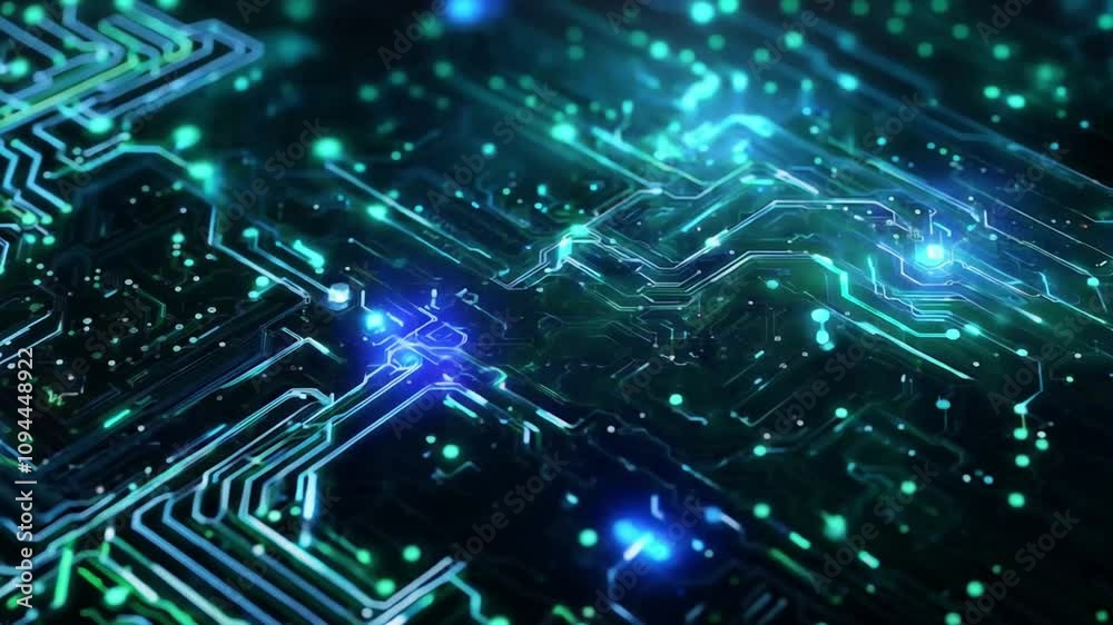 Abstract Circuit Board with Glowing Blue and Green Lines Abstract Circuit Board with Glowing Blue and Green Lines