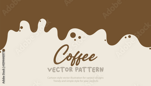 Liquid coffee background. Flat style dripping coffee flat style vector illustration. Dark espresso coffee, cocoa or hot chocolate liquid with drops and splashes. Simple cartoon coffee spill.