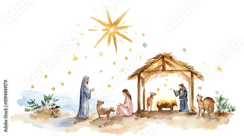 Watercolor illustration of Christmas Nativity Scene Neutral tone palette cute soft watercolor painting on white backgorund with copy space jesus, pray, spirituality, hope, passion, spiritual, photo