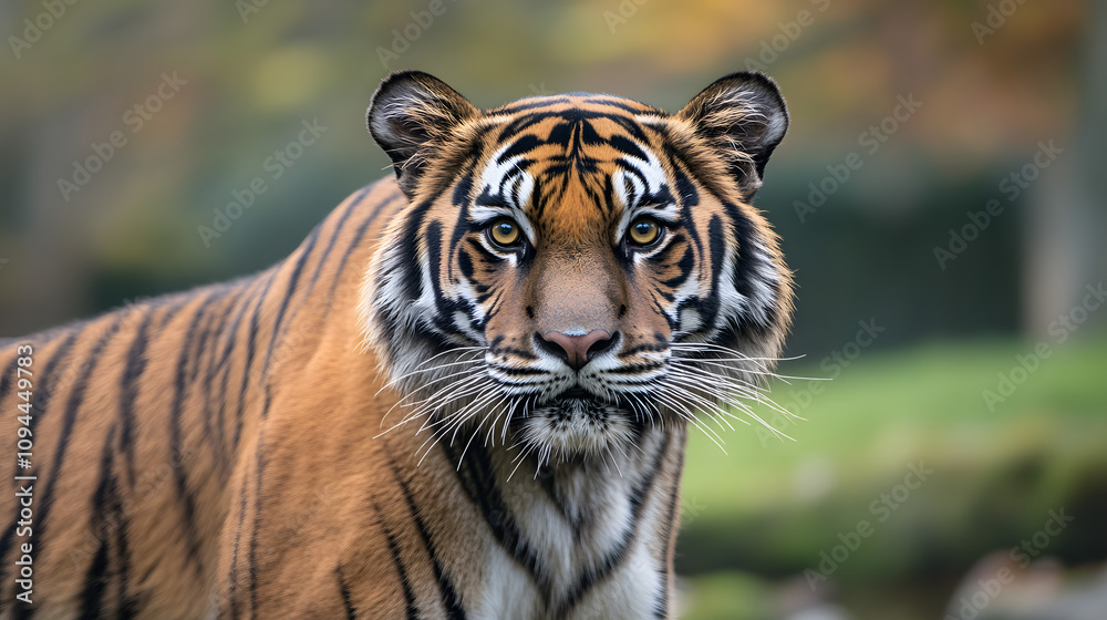 Obraz premium A close-up of a tigers intense eyes framed by its whiskers and striking black stripes.
