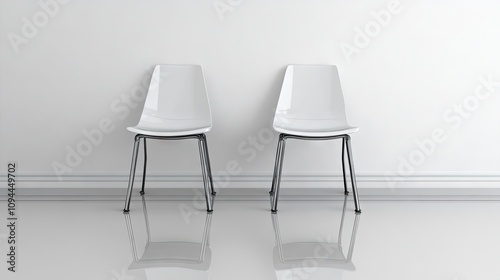 Modern Minimalist Design of Two Simple White Chairs Against a Light Grey Wall with High Gloss Reflection on the Floor for Contemporary Home and Office Interiors