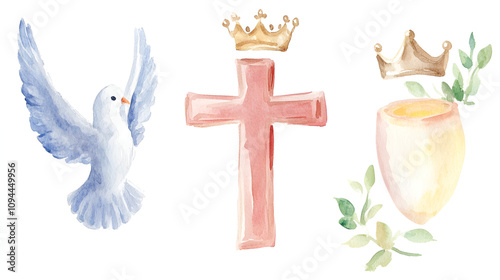 Holy Trinity symbols Cross, crown and dove of Holy Spirit Watercolor christian symbols against white background Vector illustration cute soft watercolor painting on white backgorund with copy space photo