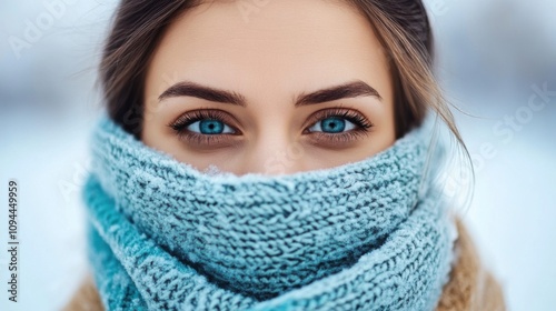 Young Woman with Gorgeous Blue Eyes Wrapped in a Cozy Scarf Against a Wintery Background, Exuding Calm and Serenity in the Snowy Landscape