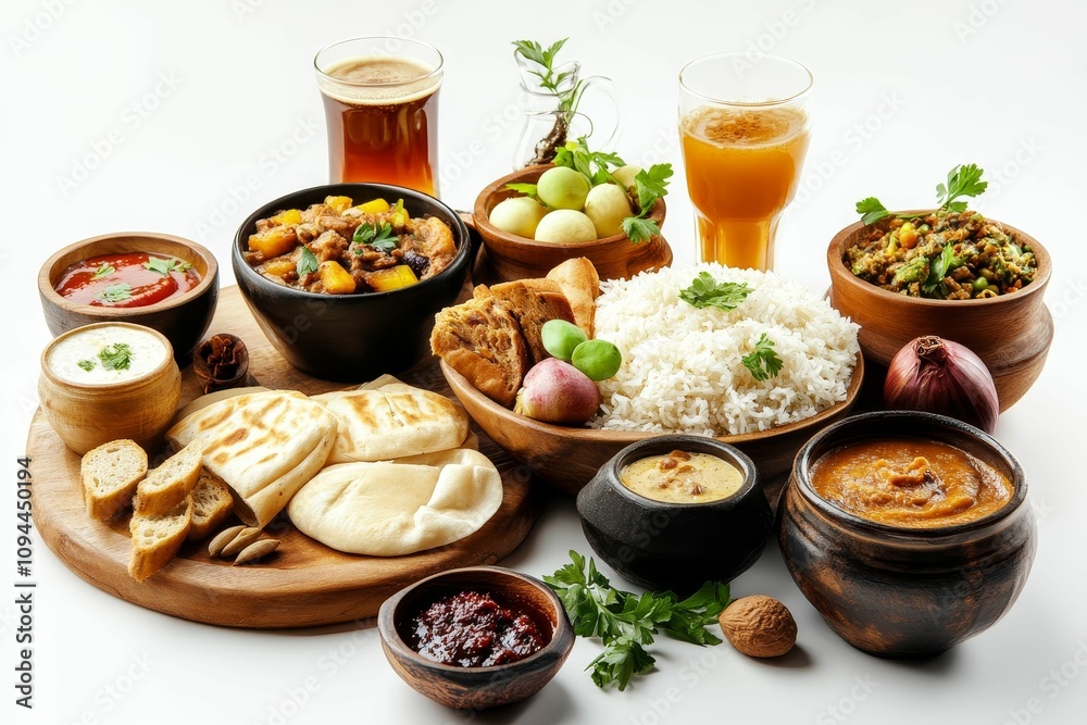 Delicious food, drinks, and bread assortment. Delicious food, drinks, and bread assortment.