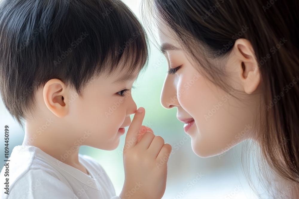Young mother gently touches her little daughter with her nose. Concept of motherly love, parenthood.
Young mother gently touches her little daughter with her nose. Concept of motherly love, parenthood.