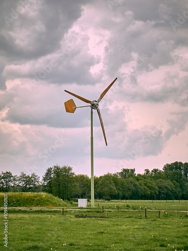 Rural landscape with typical EAZ farm wind turbine under cloudy sky, on a farm in Drenthe, Netherlands. The wind energy company is under threat for bankruptcy. 