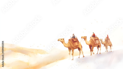 Magi Camel caravan in desert, digital watercolor illustration cute soft watercolor painting on white backgorund with copy space jesus, pray, spirituality, hope, passion, spiritual, believe, holy, photo