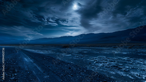 Radiant full moon casting eerie shadows across Death Valley's stark terrain. Surreal silence under the moonlit sky photo