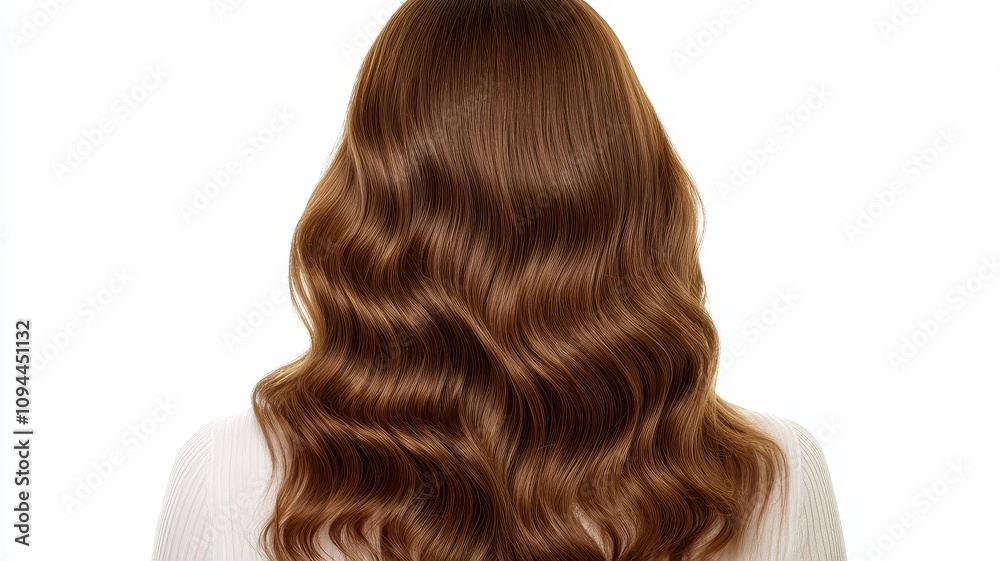 Naklejka premium Beautiful model girl with Brown hair strand,silky healthy chestnut wavy hair strand isolated on white background,hair wavy ribbon, with smooth texture,vibrant shine,brunette hairpiece, hairy ribbon.