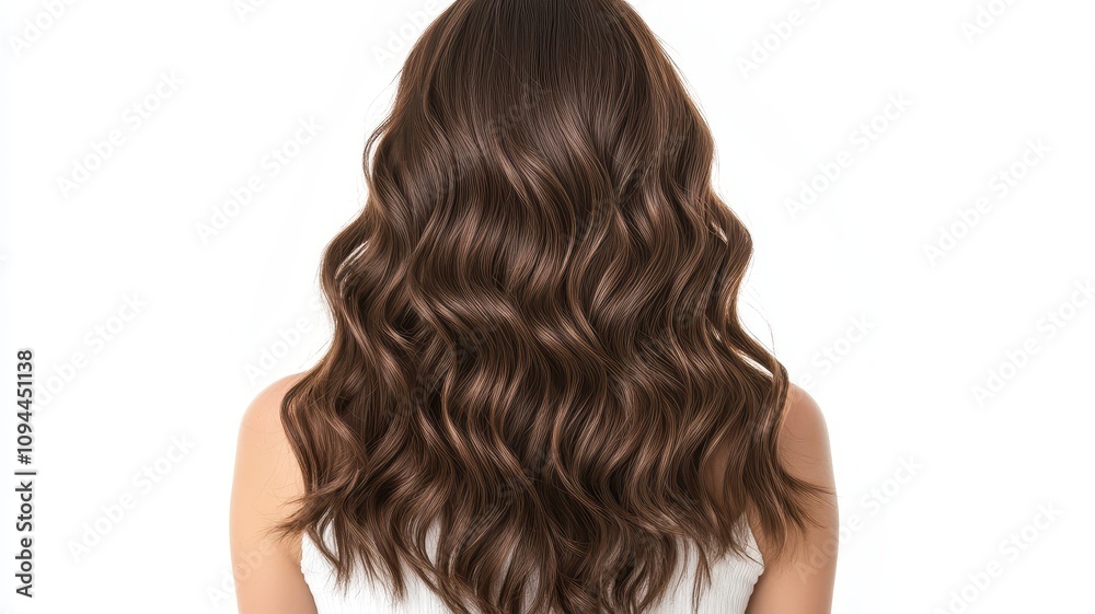 Fototapeta premium Beautiful model girl with Brown hair strand,silky healthy chestnut wavy hair strand isolated on white background,hair wavy ribbon, with smooth texture,vibrant shine,brunette hairpiece, hairy ribbon.