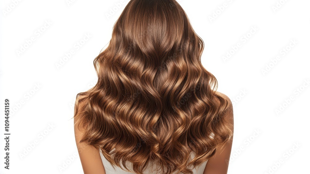 Fototapeta premium Beautiful model girl with Brown hair strand,silky healthy chestnut wavy hair strand isolated on white background,hair wavy ribbon, with smooth texture,vibrant shine,brunette hairpiece, hairy ribbon.