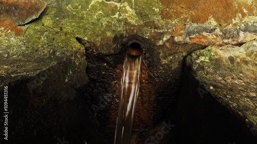 Steinmauer mit Rohr aus dem frisches eisenhaltiges Quellwasser sprudelt, Heilwasser, Quelle, gesund, Mineralien, Gesundheit, Heilkraft, Umwelt
 photo