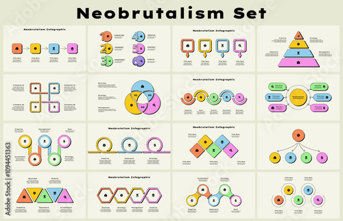 Collection of infographic presentation slides with timelines, pyramid,flowchart and other diagrams. Business data analytics y2k trendy design