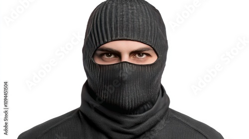 A young male with Middle Eastern descent wearing a black ski mask, showcasing intense eyes and a serious expression.