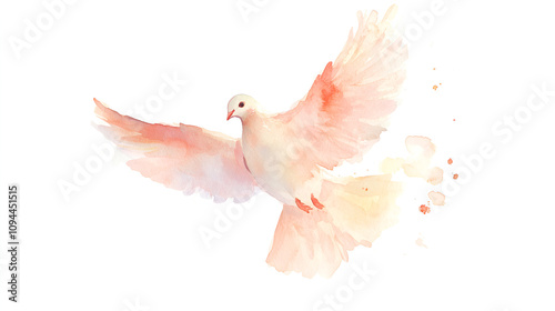 Winged dove with copy space, a representation of the New Testament Holy Spirit cute soft watercolor painting on white backgorund with copy space jesus, pray, spirituality, hope, passion, spiritual, photo