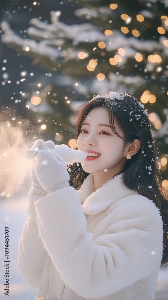 Young Woman Blowing Snow in winter park in the snow,Winter holidays concept,Young woman winter portrait,winter fairy tale,happy vacation,winter season,space for text. Young Woman Blowing Snow in winter park in the snow,Winter holidays concept,Young woman winter portrait,winter fairy tale,happy vacation,winter season,space for text.