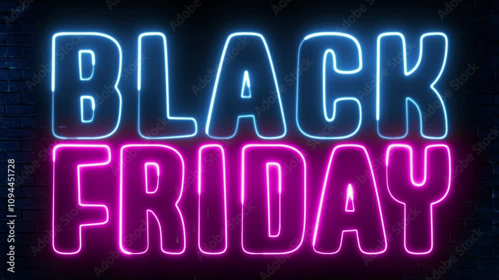 Black friday neon sign. Black Friday text font with neon light. Luminous and shimmering haze inside the letters of the text Black Friday.
Black friday neon sign. Black Friday text font with neon light. Luminous and shimmering haze inside the letters of the text Black Friday.