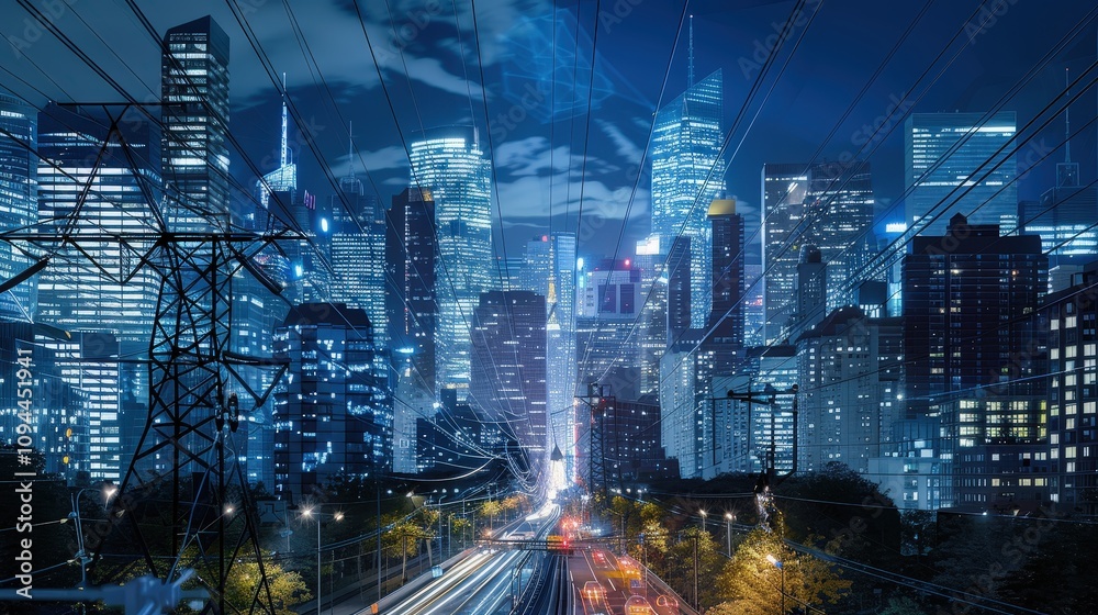 Naklejka premium Night Cityscape with Illuminated Skyscrapers