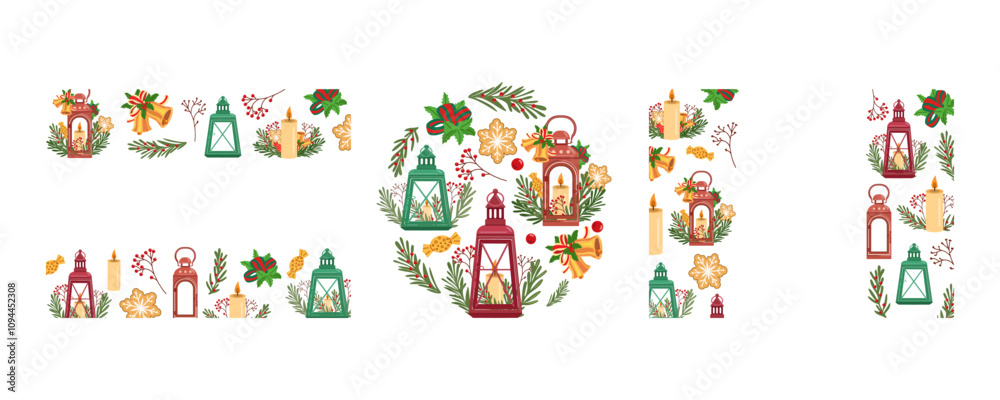 Christmas lantern composition with candles and decorations in flat style Christmas lantern composition with candles and decorations in flat style