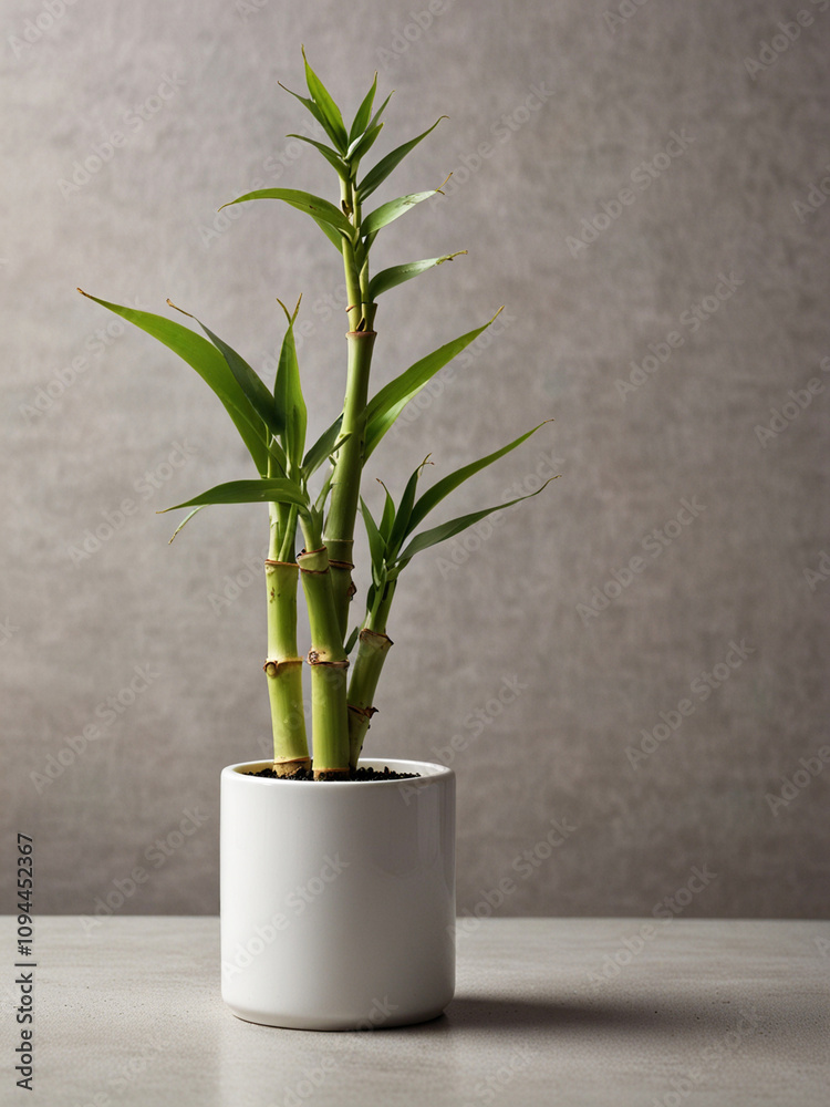 A single stem of lucky bamboo in a small, cylindrical white pot with a smooth, glossy finish. A single stem of lucky bamboo in a small, cylindrical white pot with a smooth, glossy finish.