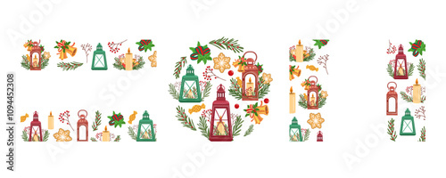 Christmas lantern composition with candles and decorations in flat style