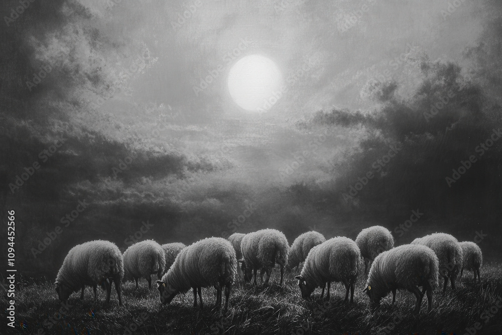 Fototapeta premium Sheep Grazing in Wildflower Field