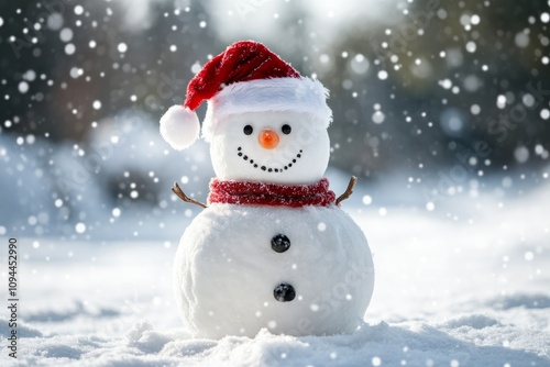 Festive snowman with santa hat stands amidst gentle snowfall, creating a magical winter wonderland scene