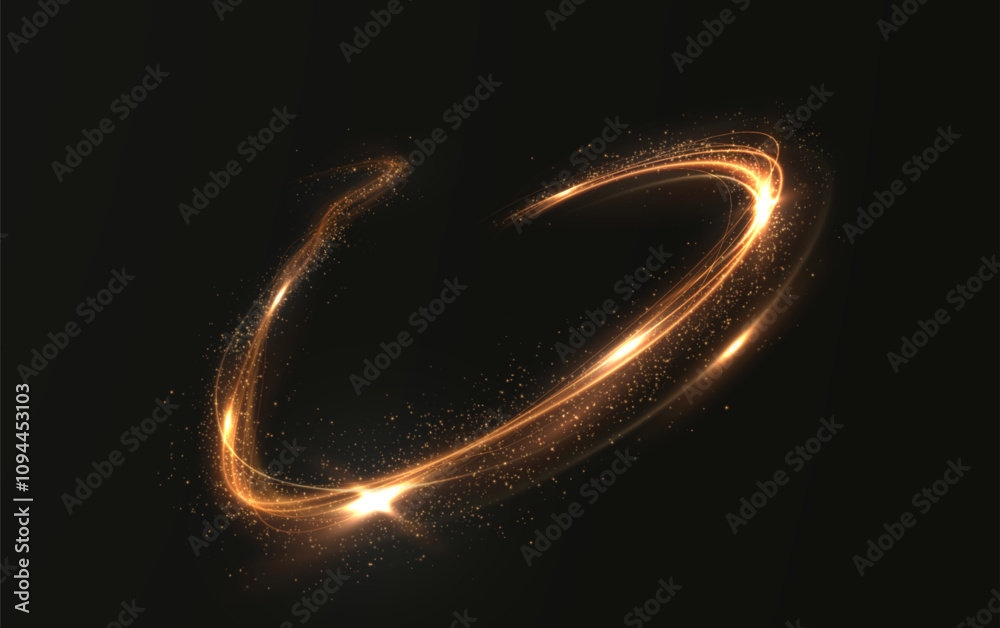 Gold curved light line, rope, spiral, tape. Smooth festive gold line png with light effects. Light golden Twirl png. Curve light effect of golden line.
