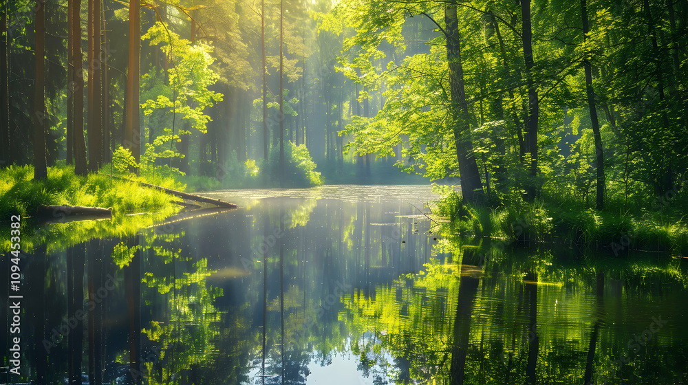 Serene spring or summer landscape with a peaceful forest and reflective pond Serene spring or summer landscape with a peaceful forest and reflective pond