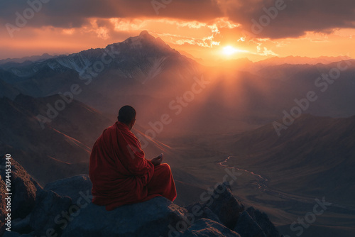 Wallpaper Mural Monk meditating on rocky mountain landscape during stunning sunset in the mountains. Generative AI Torontodigital.ca